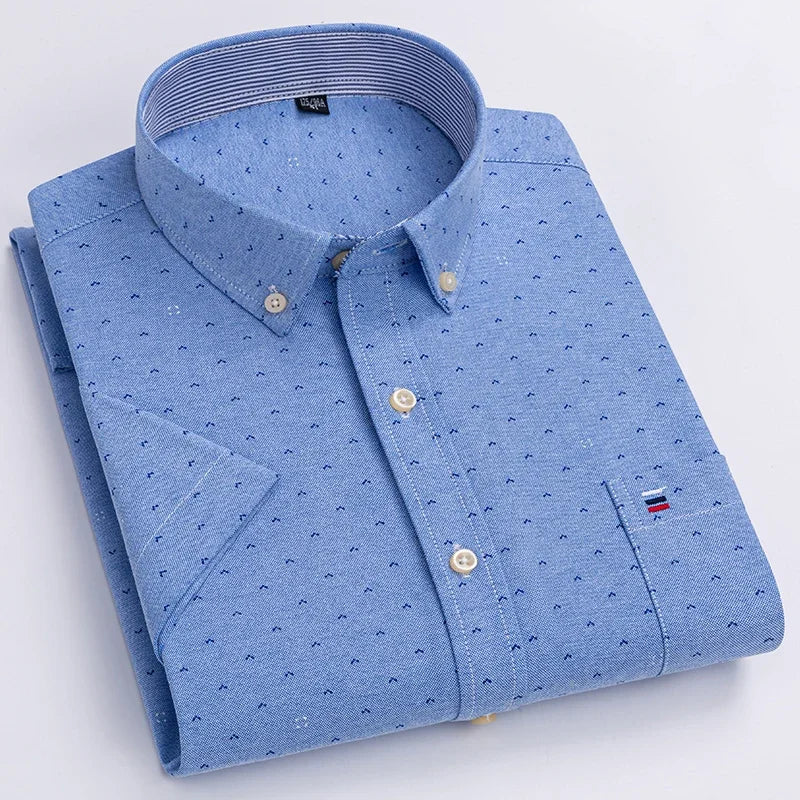 Men’s 100% Cotton Oxford Short‑Sleeve Shirt – Breathable Summer Plaid/Striped Business Casual (Regular/Oversized Fit)