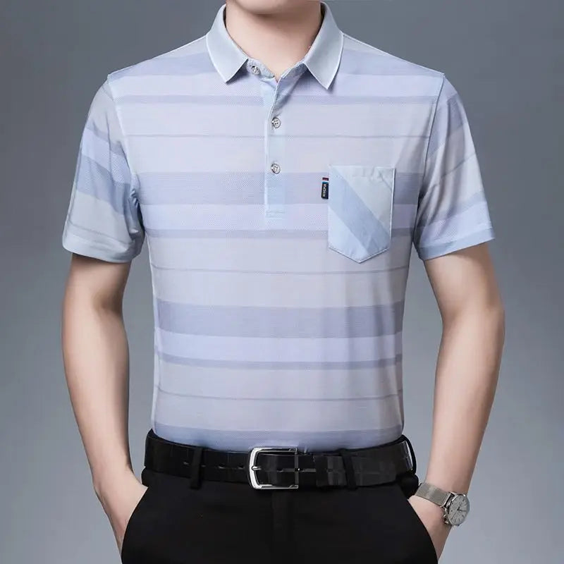 New Summer Men's Short Sleeved T-shirt Ice Silk Middle Aged Lapel Polo Shirt