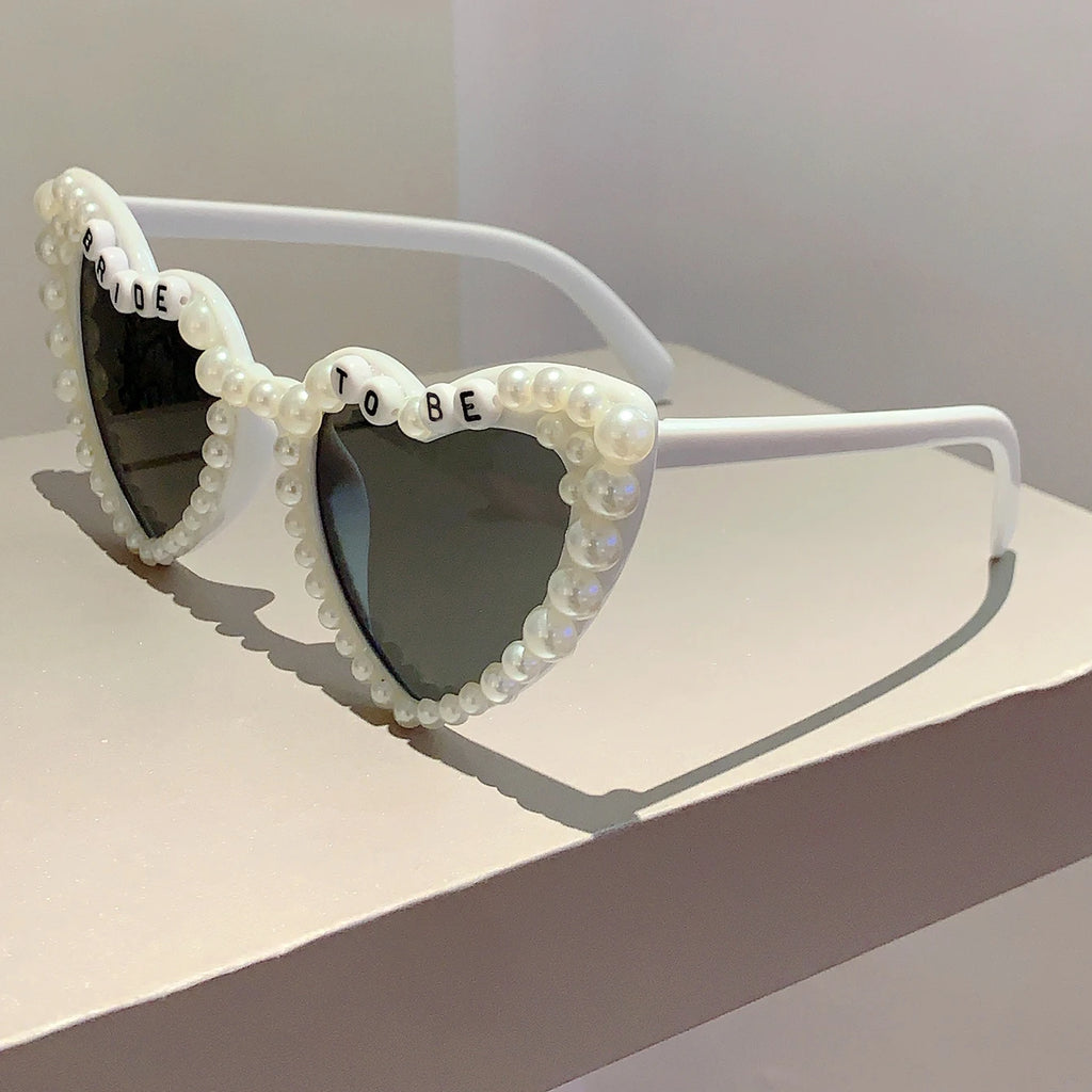 KAMMPT Heart Shaped Sunglasses with Pearls Women 2024 New in Stylish Vintage Shades for Wedding Trendy Cute Party Sun Glasses