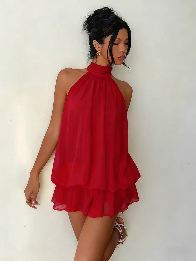 Women’s Backless Halter Neck Dress – Tie‑Front Chiffon Sheer Mini Skirt, Sexy Y2K Vintage Party Dress