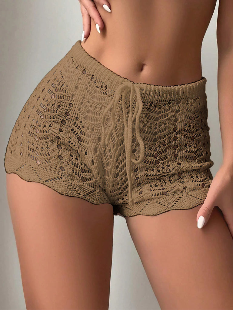 Polyester100.00% Hollow Drawstring Open Waist Knitted Bikini Blocked Women's Shorts