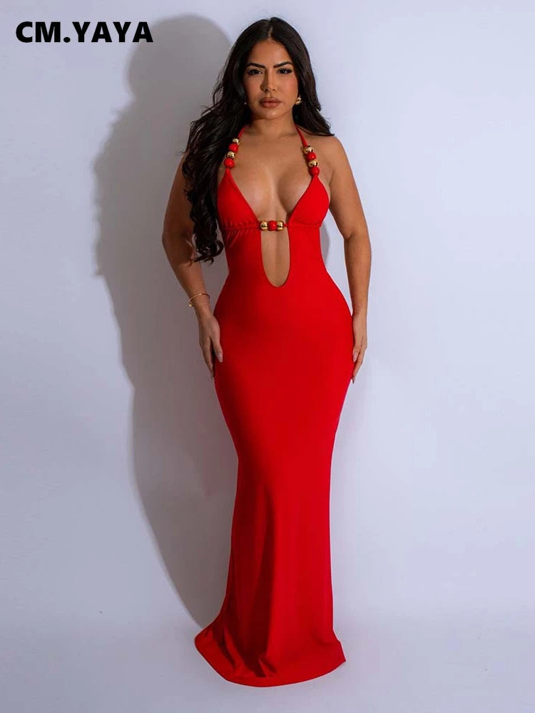 CM.YAYA Women Sleeveless Deep V-neck Halter Long Maxi Dress Summer Backless Beach Sexy Street Evening Night Club Party Dresses