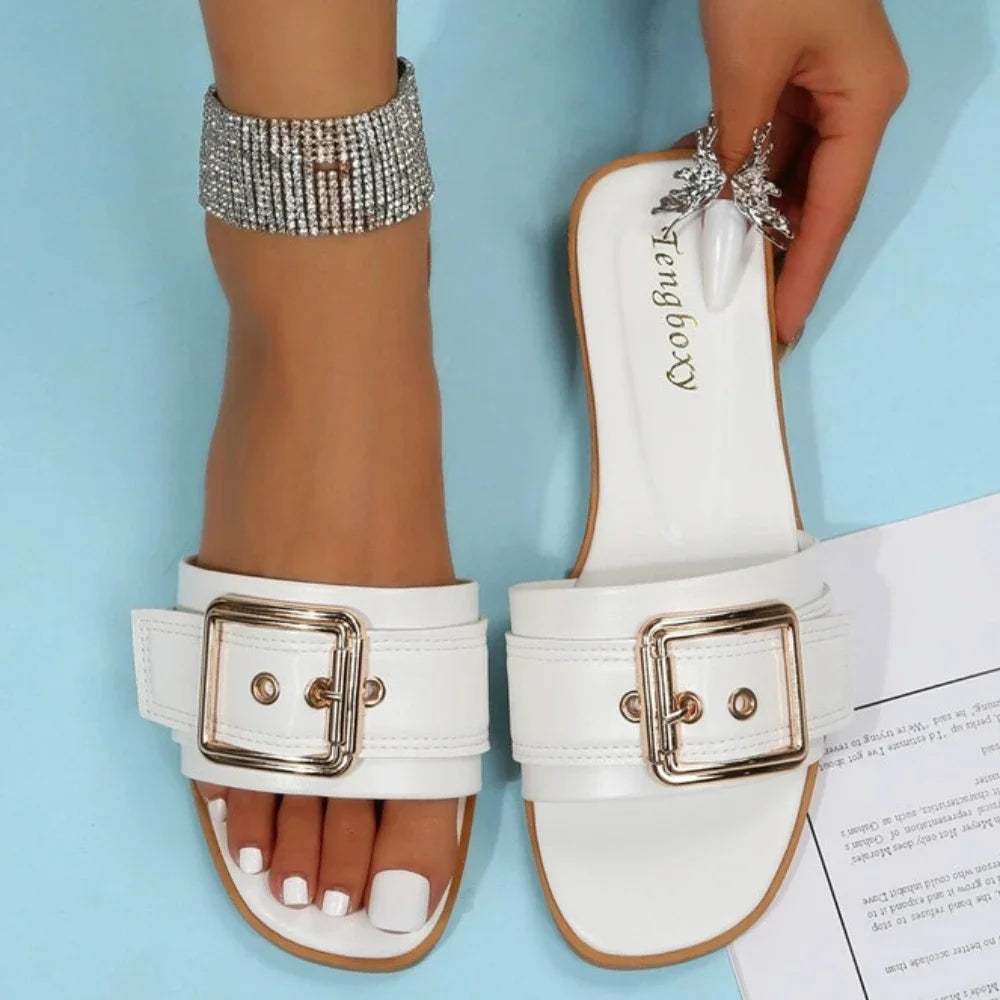 Women’s Personality Buckle Slides — Open Toe Wear‑Resistant Flat Slippers Summer Beach Sandals