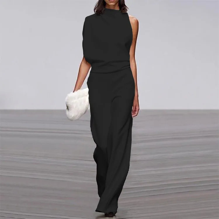 Solid Color Irregular Sleeveless Jumpsuits Women Fashion Temperament Sexy Backless Folds Slightly Flared Jumpsuit Female 2025