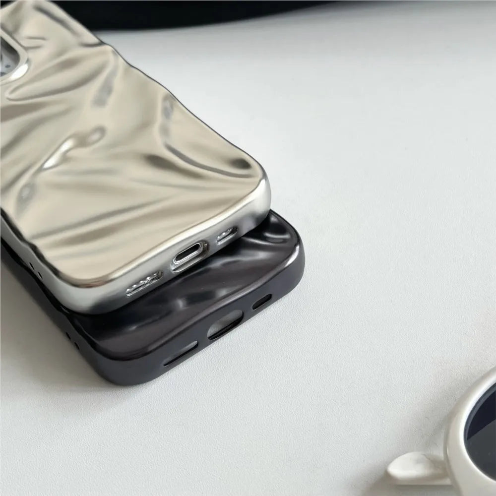 Luxury Matte Silver Water Ripple Phone Case For iPhone 16 15 14 Plus 13 12 Pro Max 11 Creative Frosted Wrinkle Shockproof Cover