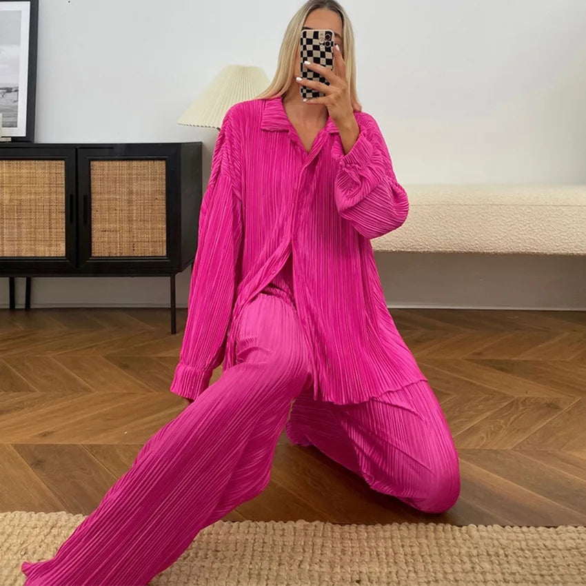 CM.YAYA Street Women's Set Long Sleeve Shirt Tops and Wide Leg Pants Elegant Tracksuit Two Piece Set Sweatsuit Fitness Outfits