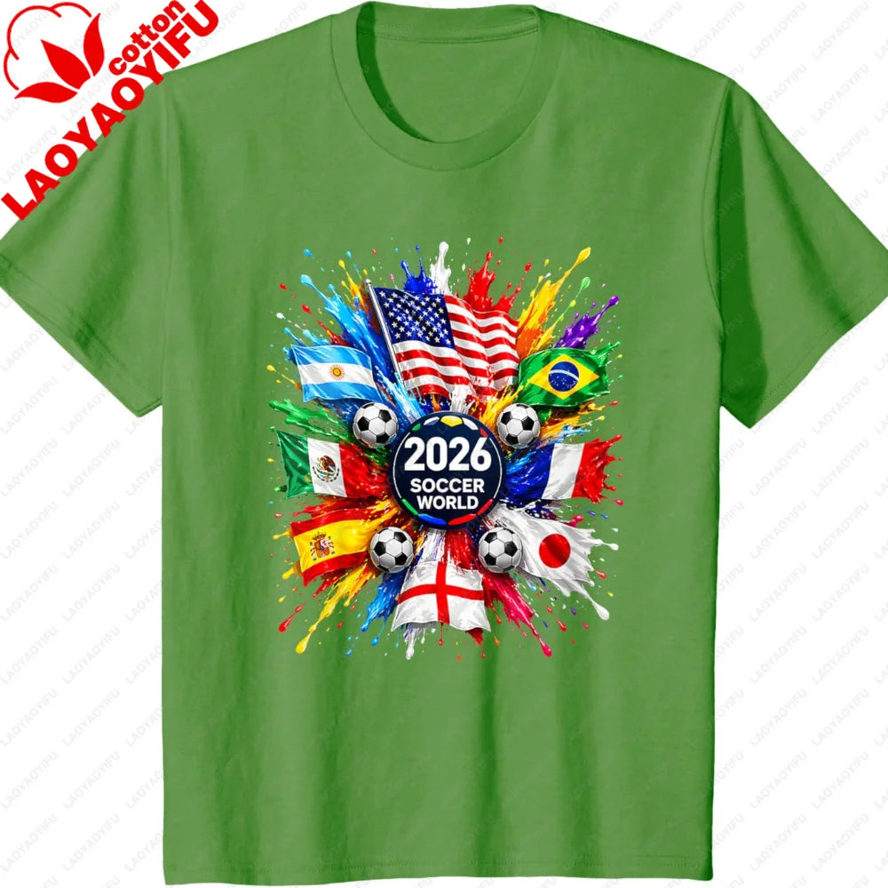 Men’s 2026 Soccer T‑Shirt — World Flag Color Splash Football Print Crew Neck Tee