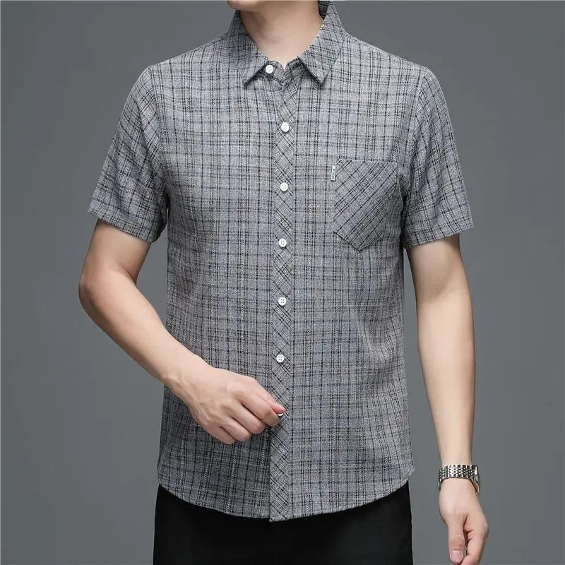 Grey Plaid Short‑Sleeve Button‑Down Shirt