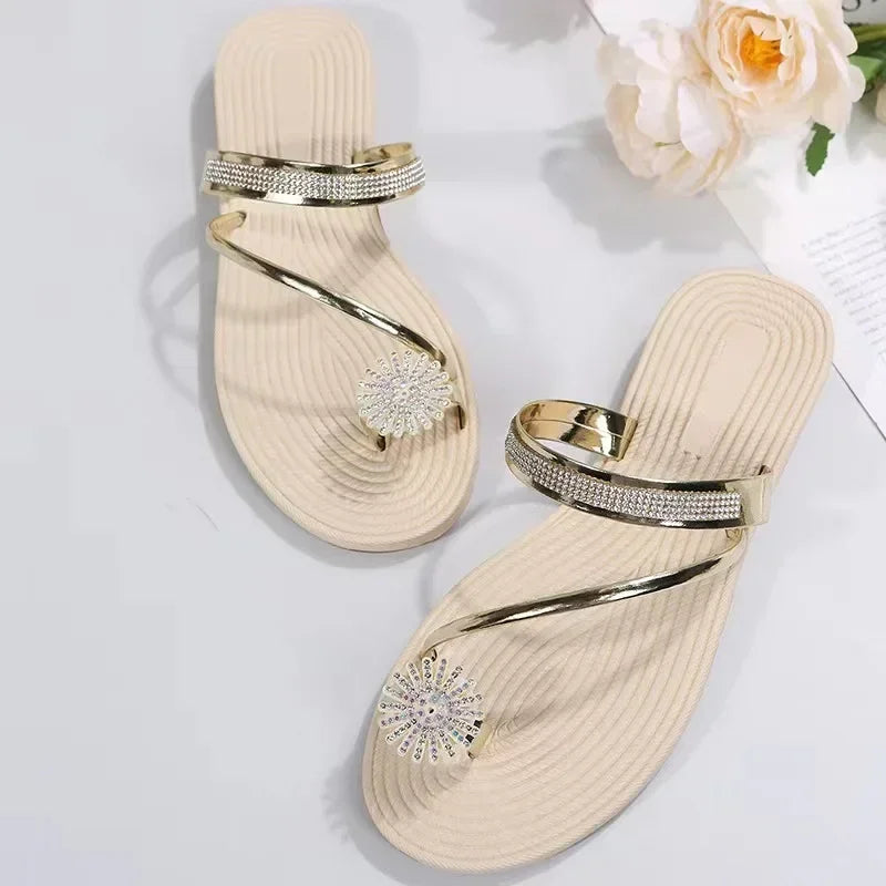Women’s Luxury Rhinestone Flat Sandals — Summer Fashion Beach Slippers Designer‑Inspired Shoes