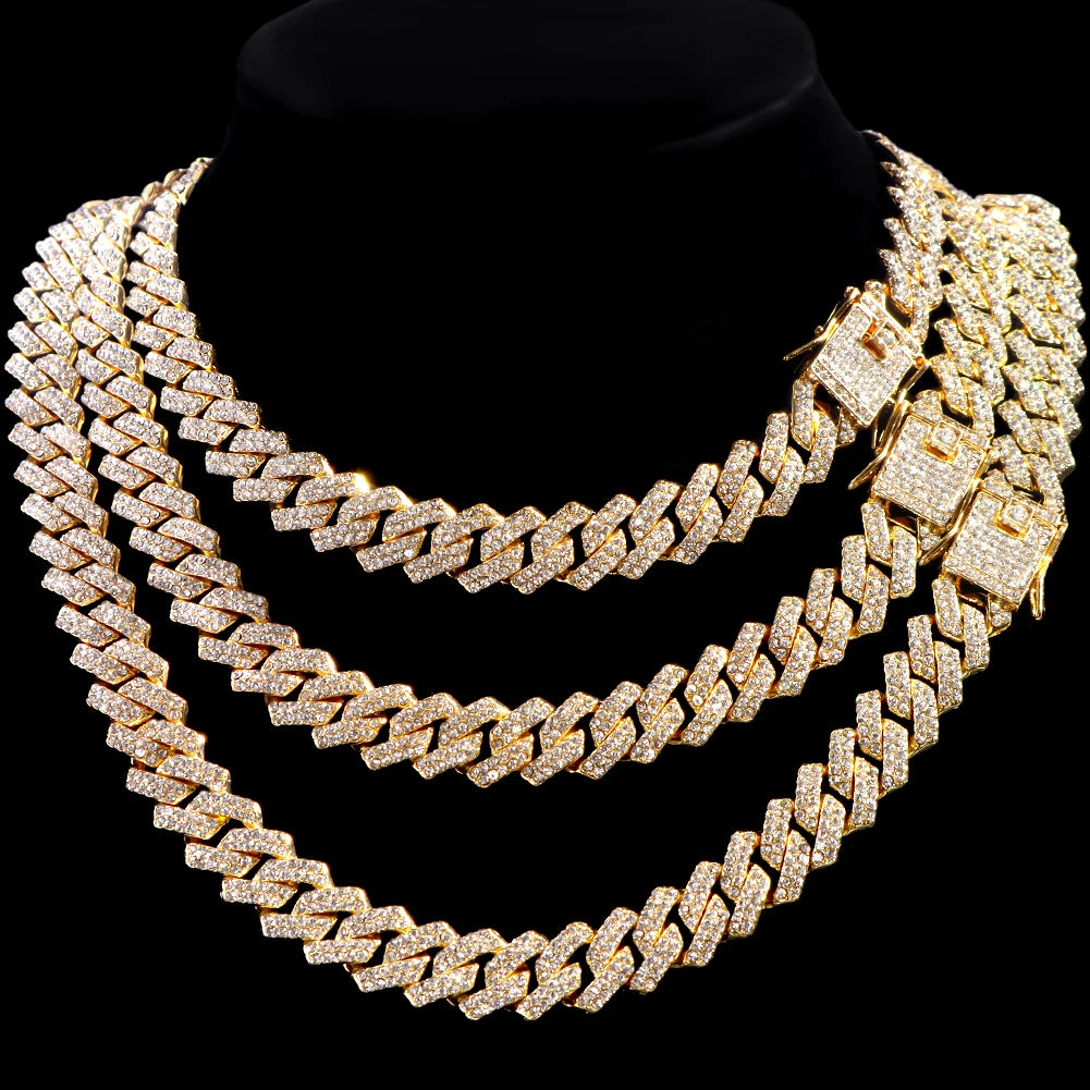 HipHop Men Iced Out Cuban Link Chain Necklace 13/14/20MM Gold Silver Color AAAA+ Rhinestone Cuba Necklace Men's Birthday Jewelry