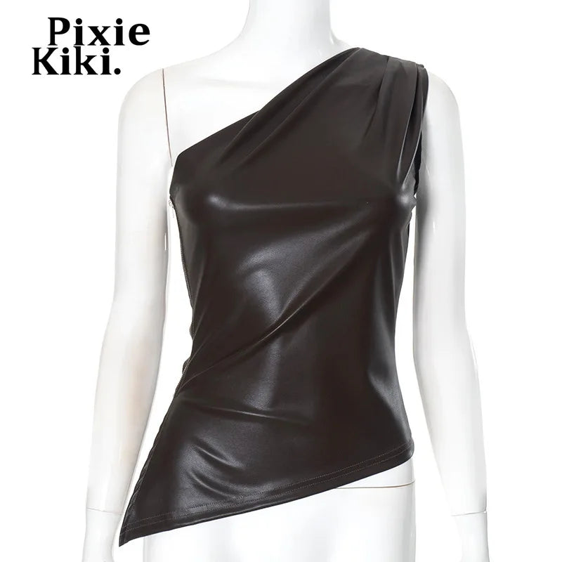 PixieKiki Fashion PU Leather Sleeveless T Shirts Side Zipper One Shoulder Asymmetrical Tops Women Clothing Fall 2024 C85-BH12