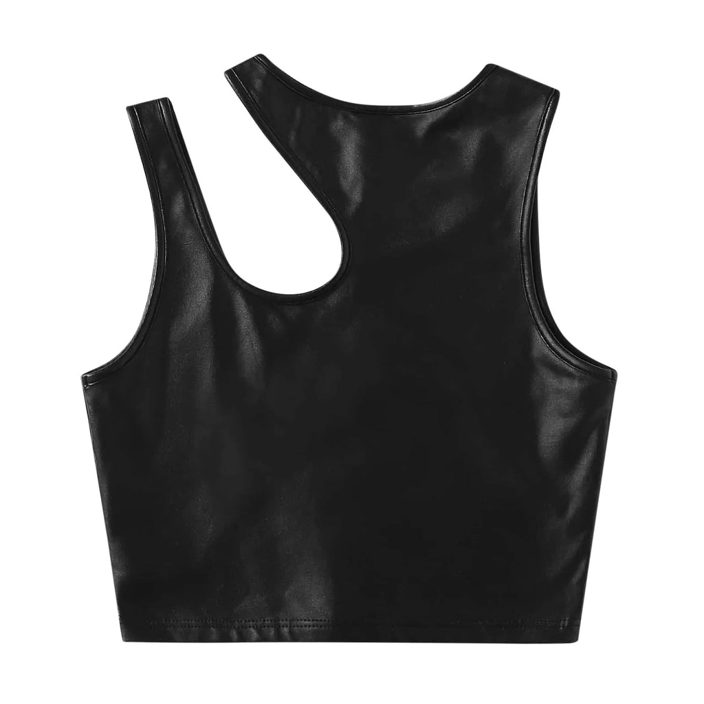 Women's Black Tops Asymmetrical Hollow Out Camisoles PU Leather Bare Midriff Cropped Tops Mujer Slim Fit Streetwear Summer Vest