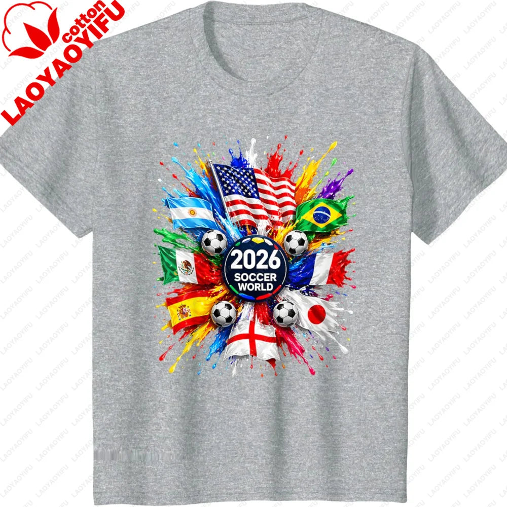 Men’s 2026 Soccer T‑Shirt — World Flag Color Splash Football Print Crew Neck Tee