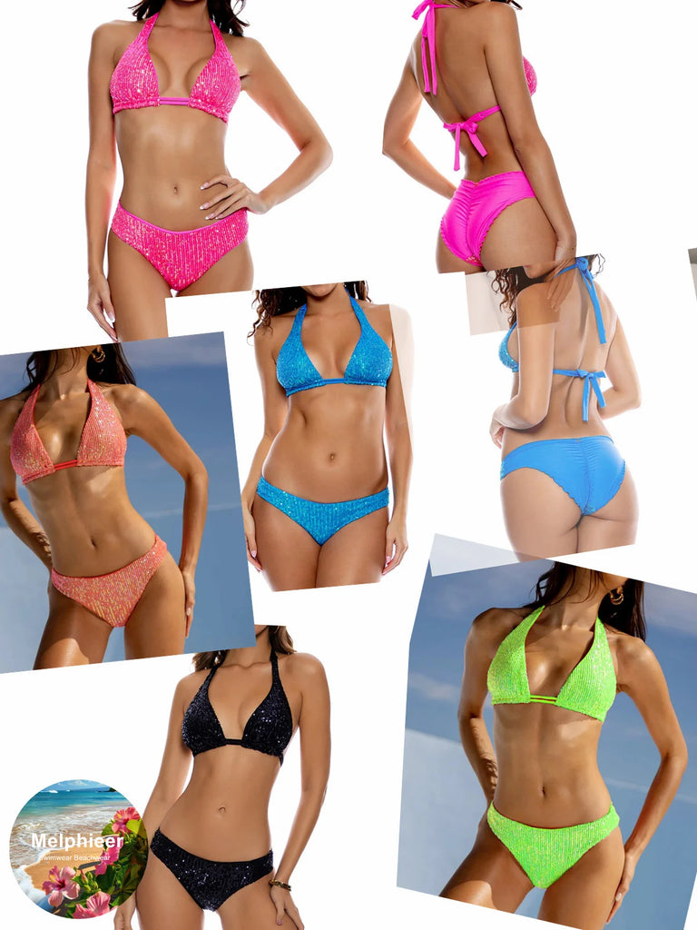 Melphieer Sequins Sparkle Bikini Set — Strappy Bandage Ruching Bum Two‑Piece Swimsuit for Beach, Pool & Holiday Outfits