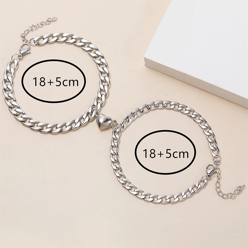 JWER 2Pcs/set Magnet Couple Bracelets Heart Attraction Bracelet Stainless Steel Charm Simple Cuban Chains Key Lock Jewelry Gifts