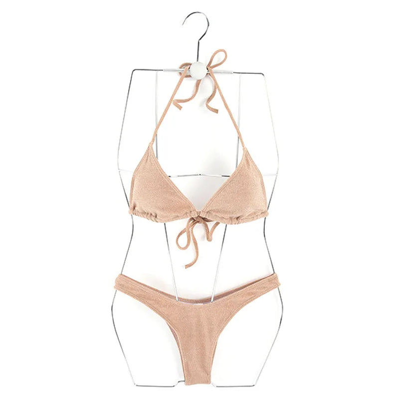 Women’s Nude‑Tone Halter Thong Bikini – Sexy Korean‑Style Two‑Piece Swimsuit 2024  ⭐