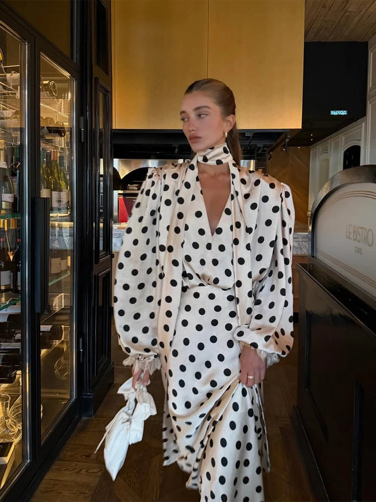 Black Polka Dot V Neck Shirt Skirt 2 Piece Set Elegant Women Long Sleeve Blouses With Scarf Suit 2026 Lady Commucate Outwear