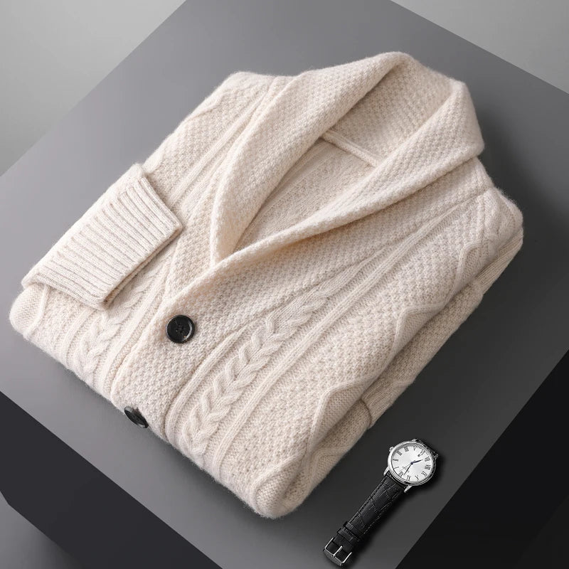 Autumn Winter Men 100% Merino Wool knitted Cashmere Sweater Thick Jacquard Coat Turn-Down Collar Cardigan Smart Casual Chic Tops