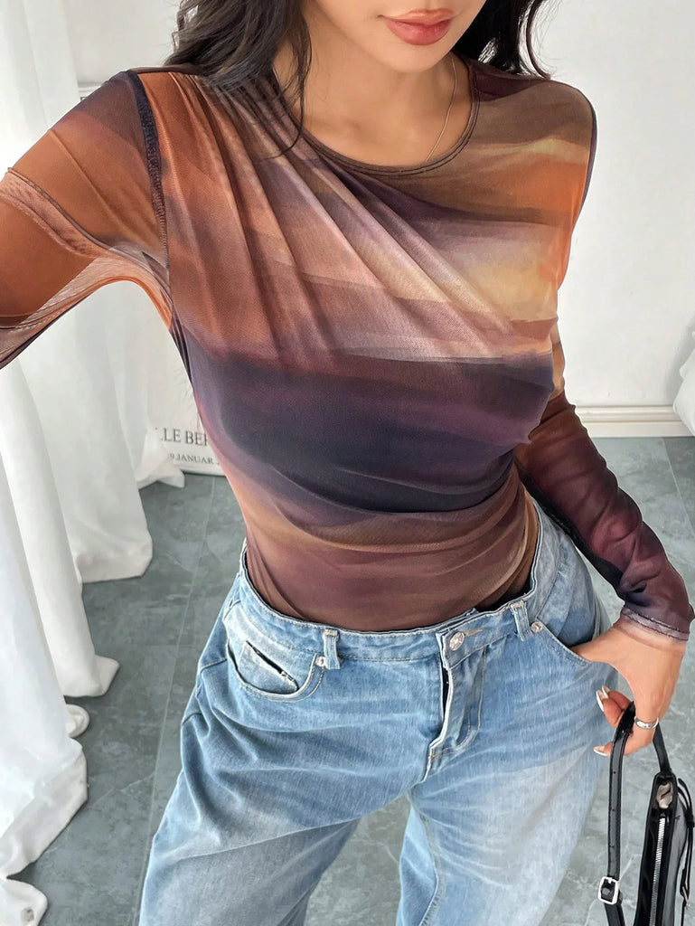 Women’s Pleated Mesh Floral Print Bodysuit
