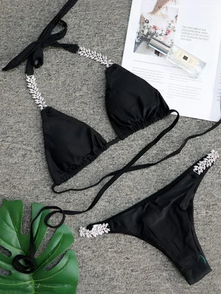Women’s 2026 Rhinestone Diamond Bikini – Halter Chain Two‑Piece Swimsuit, Sexy Shiny Brazilian Swimwear
