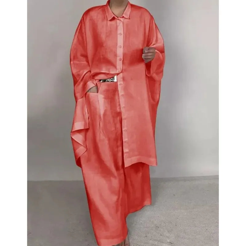Casual Ladies Long Sleeve Single Breasted Straight Wide Leg Sets Fashion Women Set Elegant Solid 2 Piece 2025 New Pants Sets