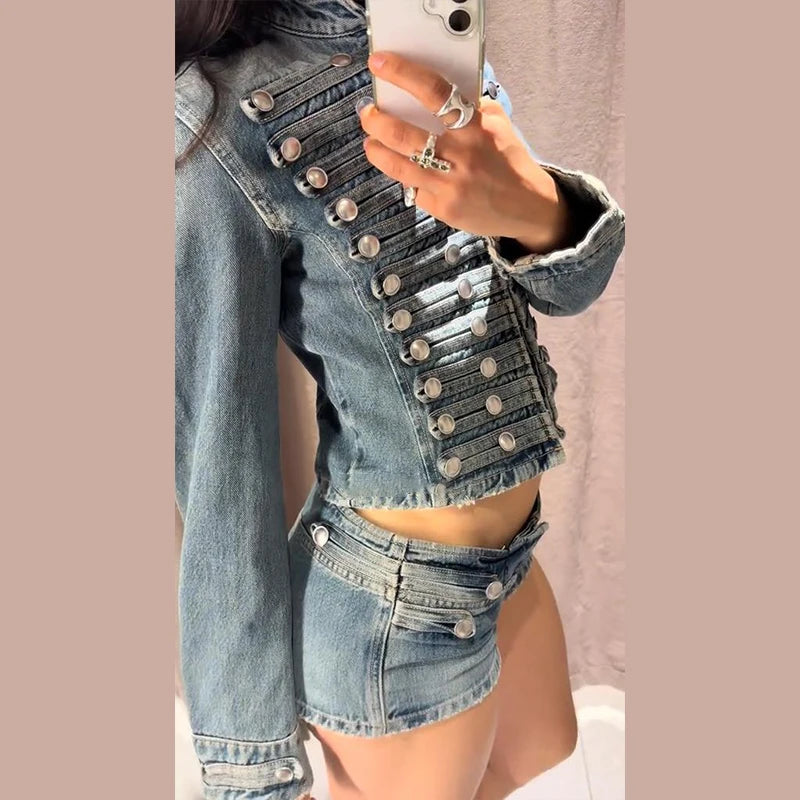 Chic Stand‑Collar Denim Coat & Shorts Suit