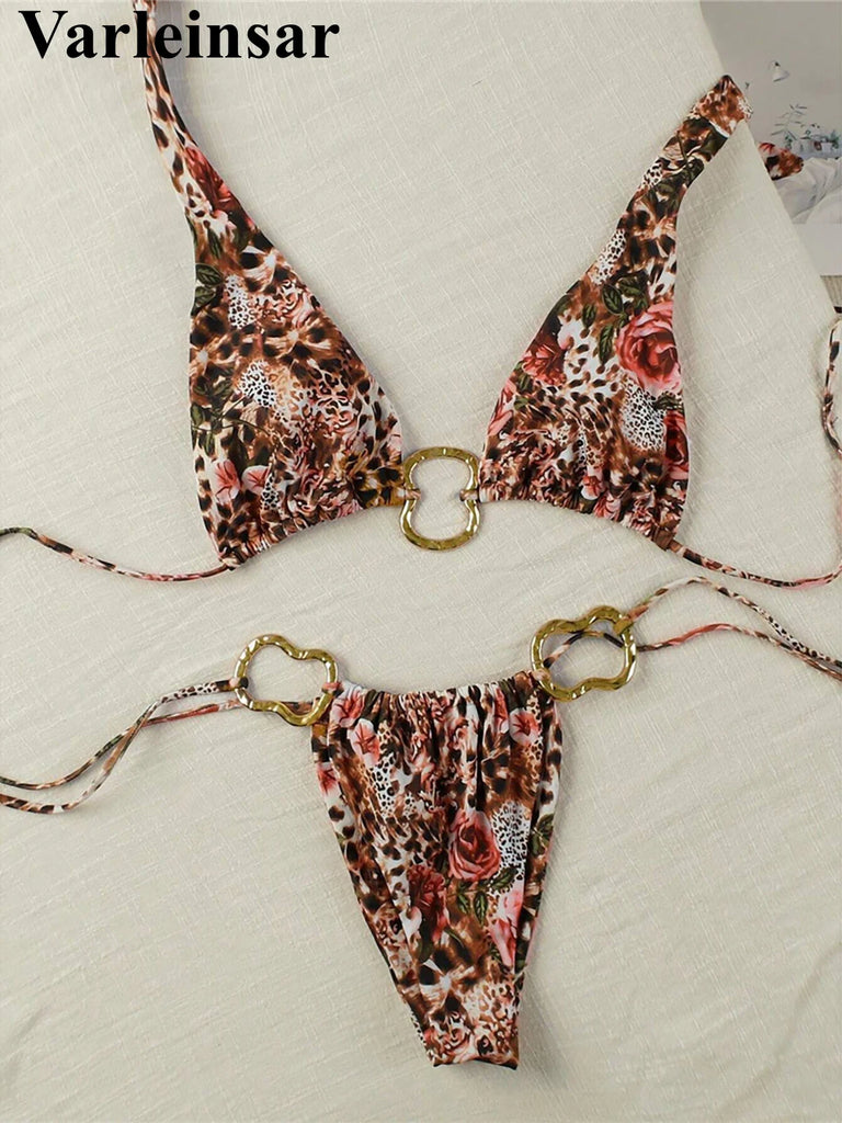 Leopard Floral High Cut Metal Ring Bikini Women Swimwear Female Swimsuit Two-pieces Bikini set Bather Bathing Suit Swim V6288