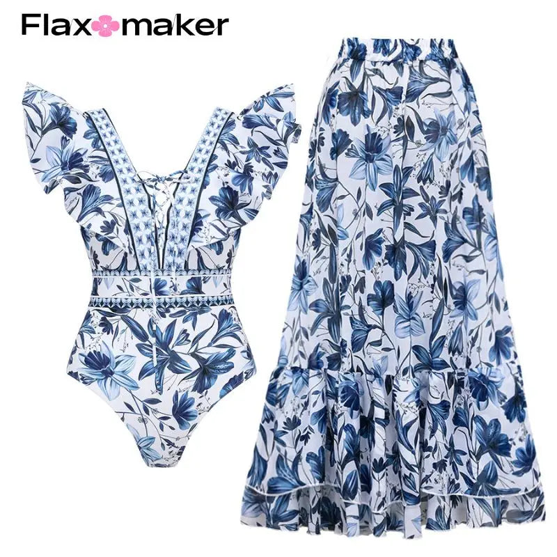 FLAXMAKER Lace‑Up V‑Neck Ruffle Monokini & Sarong