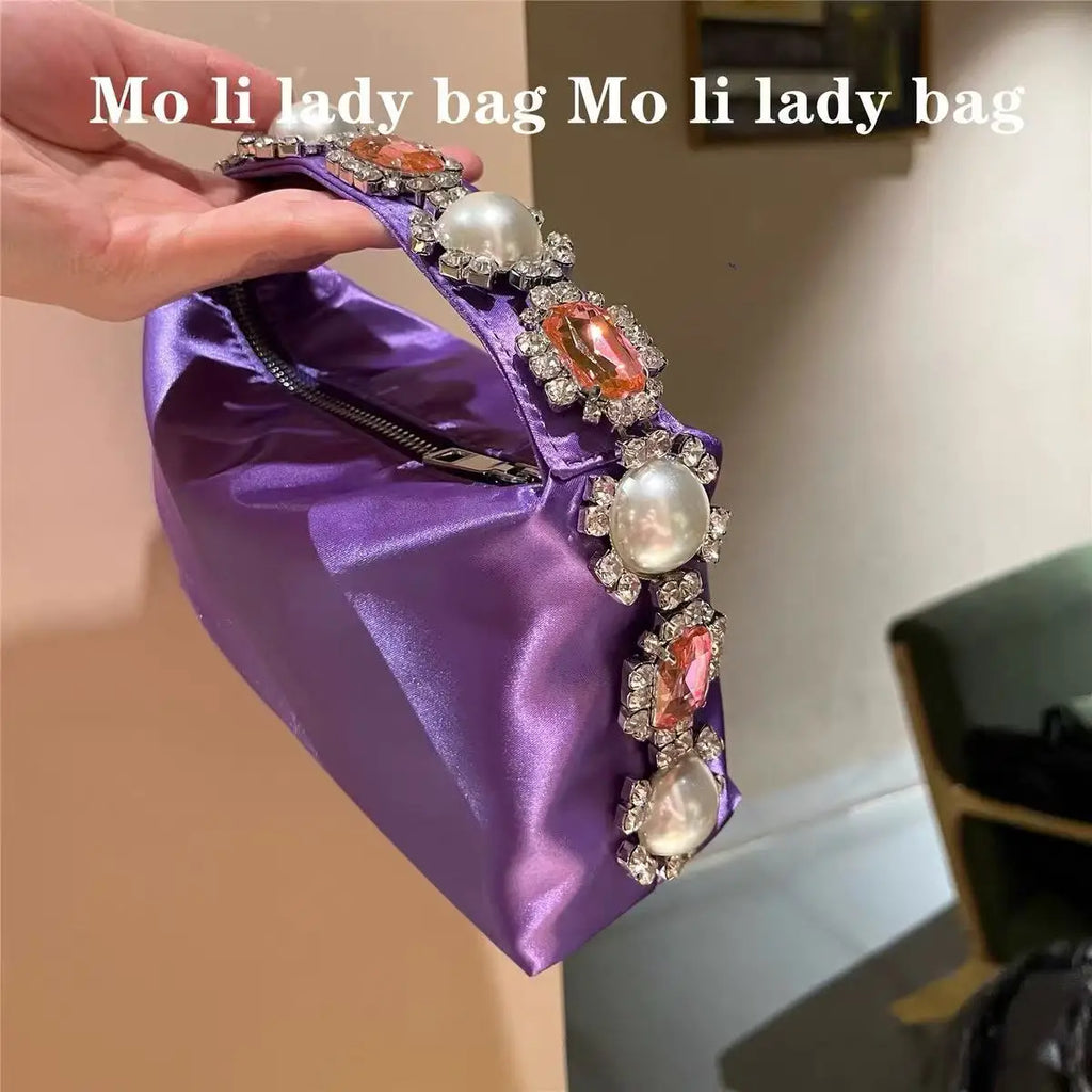 Luxury Designer Pearl Beaded Satin Hobo Bag Women Handbag Rhinestone Diamond Evening Bag Wedding Party Clutch Purse Shoulder Bag