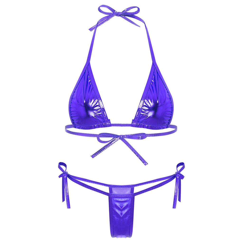 Women’s Metallic Shiny Bikini Set – Lacing Brazilian Micro Swimsuit with Triangle Top & G‑String Bottoms