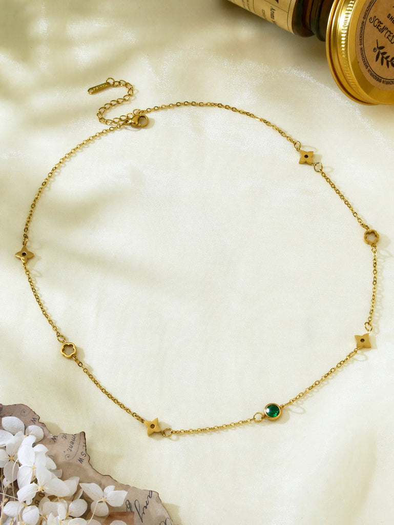 1 piece 18k gold plated fashion light luxury stainless steel lucky flower inlaid green zirconia necklace bracelet ladies jewelry