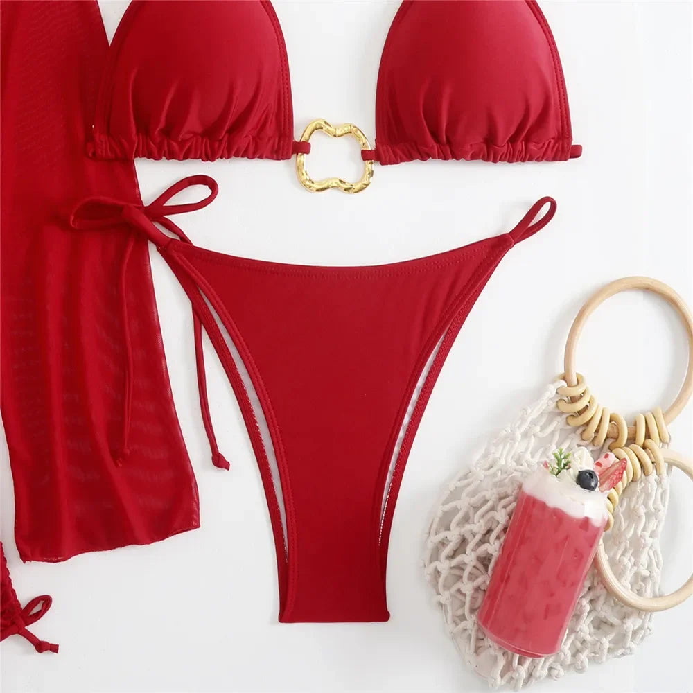Women’s Brown Halter String Triangle Bikini Set — 4‑Piece Mesh Smock Cover‑Up Swimwear with Metal Ring Details