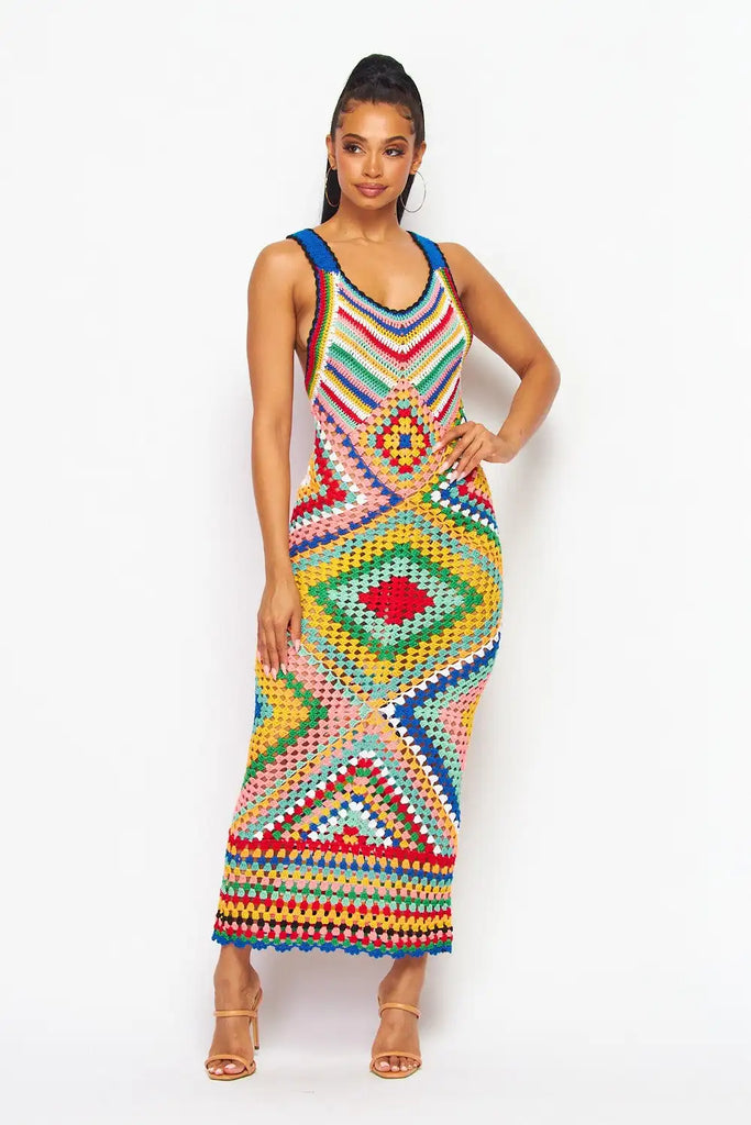 Women’s Summer Boho Handmade Crochet Maxi Dress — Colorful Racerback Knit Long Cover‑Up for Vacation & Beachwear