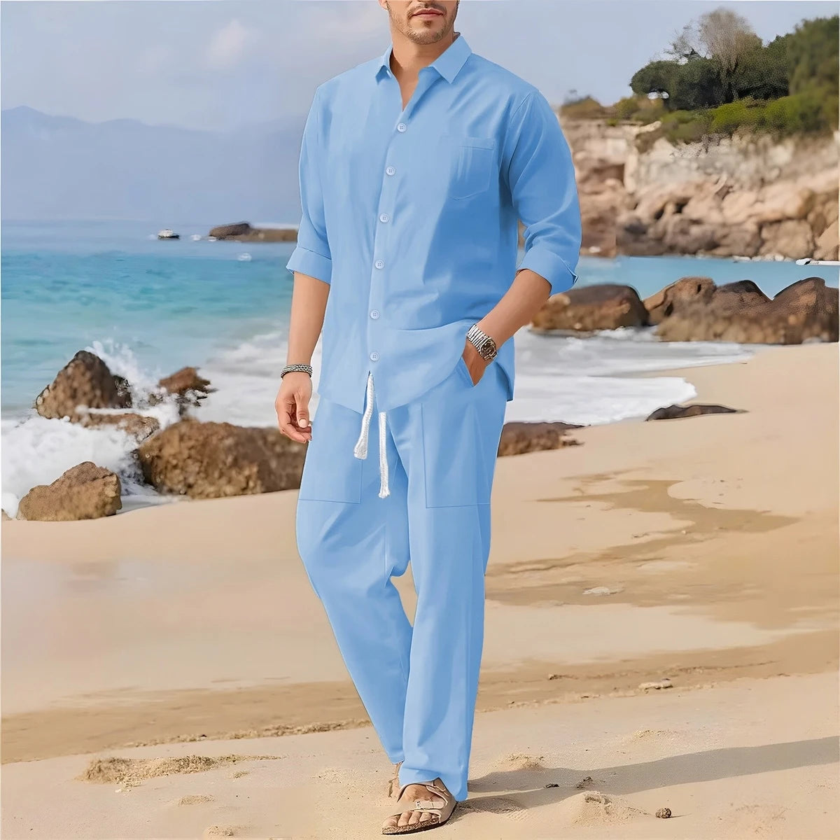 Spring,Summer  autumn New Men's Casual Long-Sleeved Set, Solid Shirt and Pants - Comfortable and Fashionable Two-Piece Set