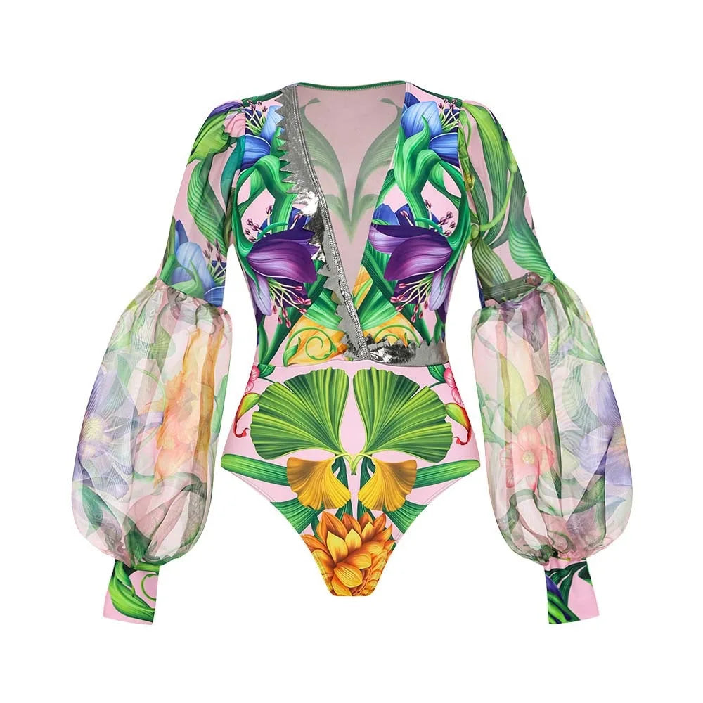 Women’s 2026 V‑Neck Long‑Sleeve Bikini Set – Printed Two‑Piece Swimsuit with Maxi Skirt Cover‑Up