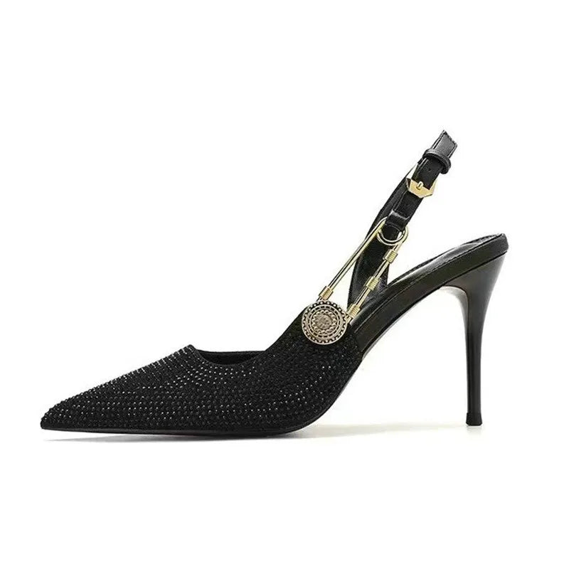 Bling Diamond High Heels Women 2025 Spring Pumps New Pointy Head After Empty Sexy Metal Girl Temperament Baotou French Sandals