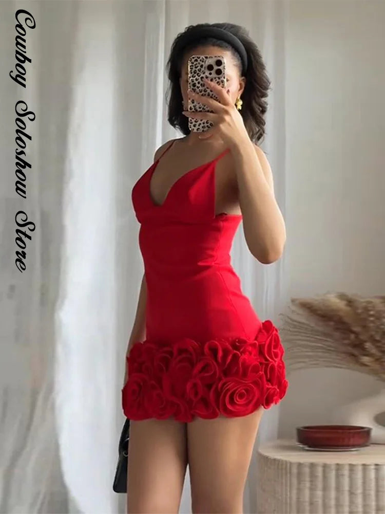 Sexy 3d Flower Mini Dress Women Chic Sling Slim Red Deep V-neck Backless Sleeveless Dresses 2025 Summer Party Evening Lady Robe