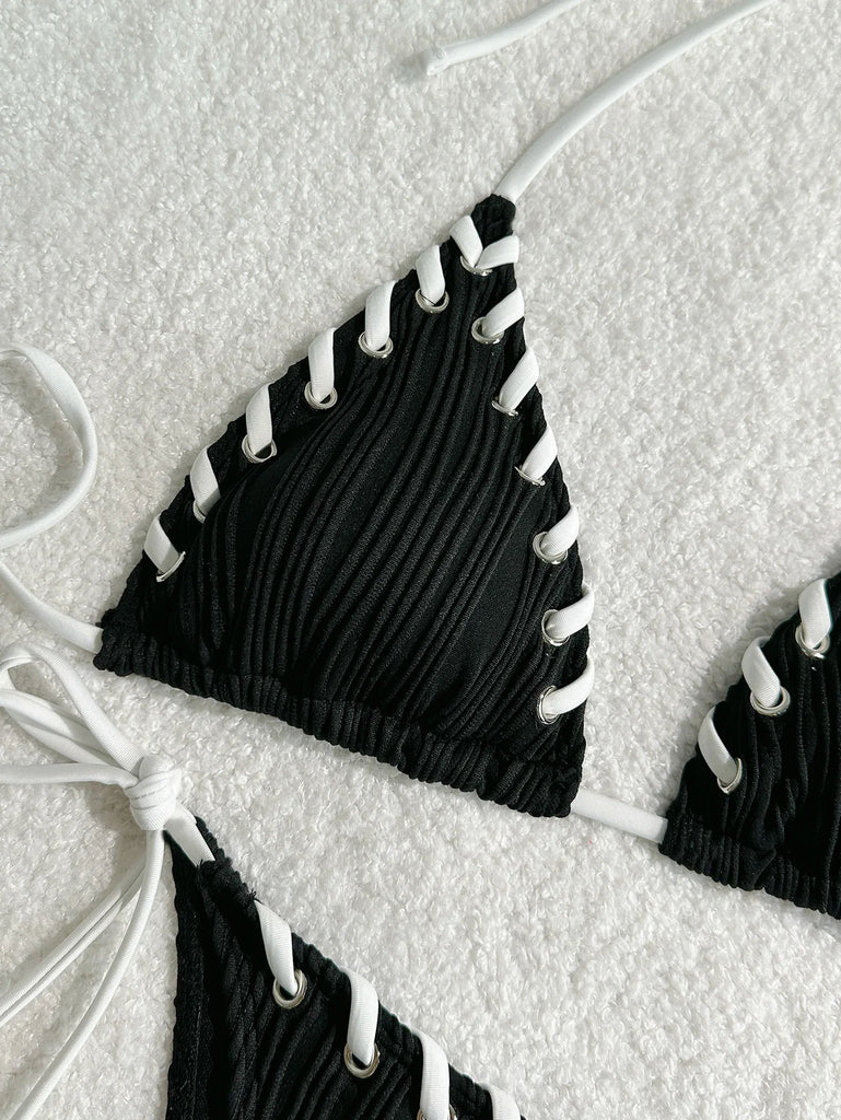 Halter Wrinkled Weave Bikini Set Women Swimwear Female Swimsuit Two Pieces Bikini Set Brazilian Bathing Suit Swim Beach Wear