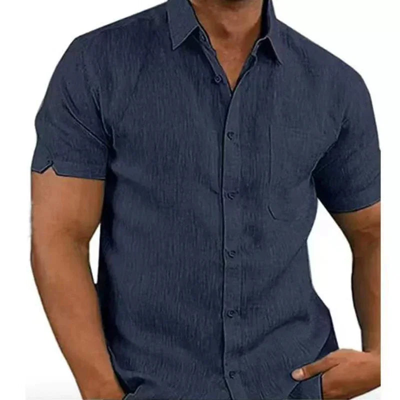 Men’s Cotton‑Linen Summer Shirt – Solid Short‑Sleeve Turn‑Down Collar Casual & Beachwear Top