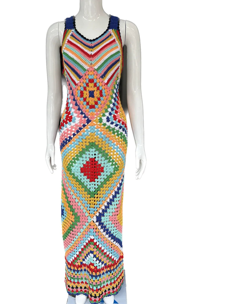 Women’s Summer Boho Handmade Crochet Maxi Dress — Colorful Racerback Knit Long Cover‑Up for Vacation & Beachwear