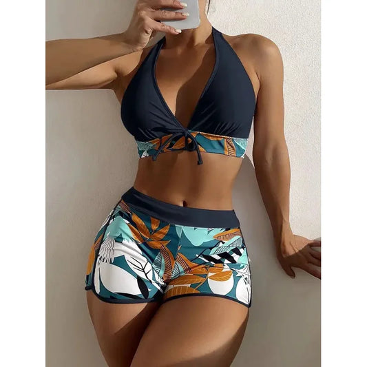 2023 Women’s Halter High‑Waist Bikini Set – Printed Short Swimsuit Two‑Piece Beachwear