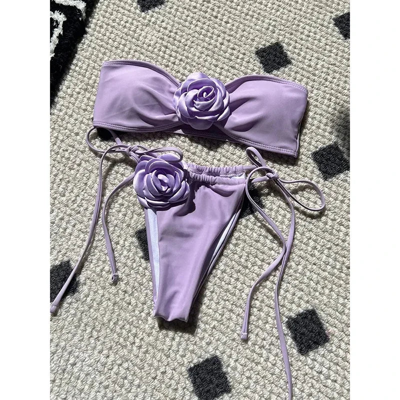 OIINAA Swimsuit Women Sexy Soild Color Bikini Set 3D Floral Swimwear Split Strapless Two-Piece Biquini Lace Up Bathing Suit 2024