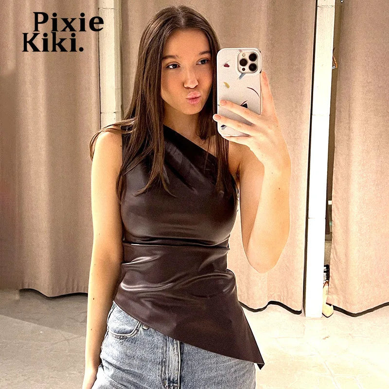 PixieKiki Fashion PU Leather Sleeveless T Shirts Side Zipper One Shoulder Asymmetrical Tops Women Clothing Fall 2024 C85-BH12