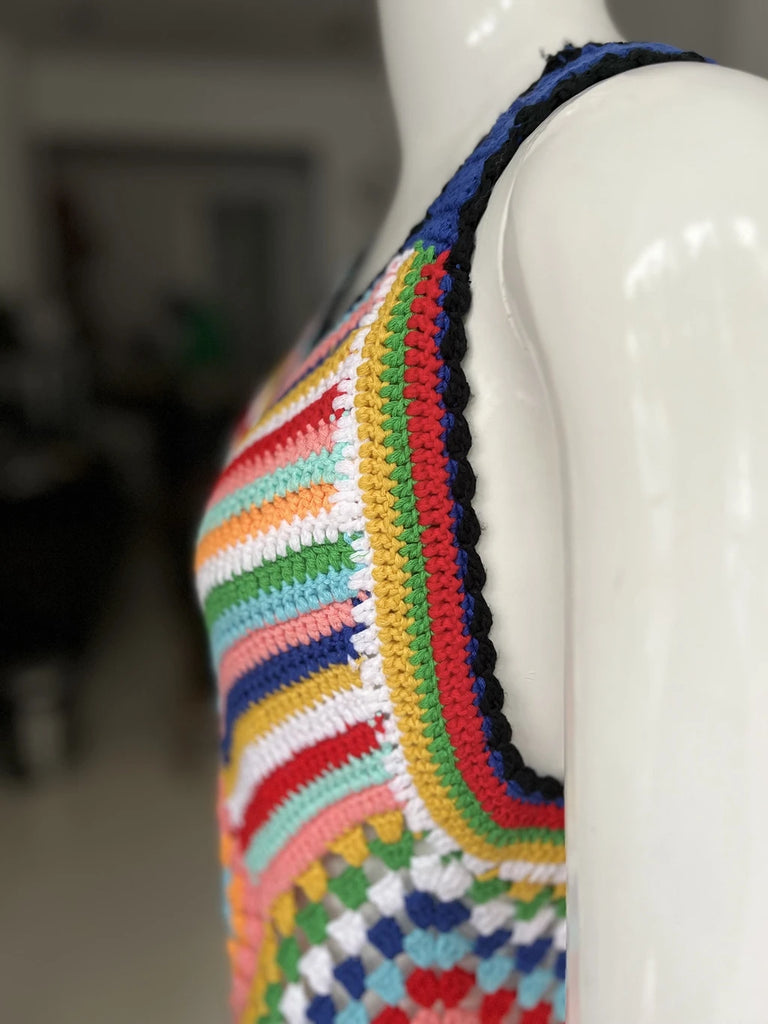 Women’s Summer Boho Handmade Crochet Maxi Dress — Colorful Racerback Knit Long Cover‑Up for Vacation & Beachwear