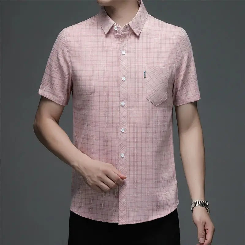 Grey Plaid Short‑Sleeve Button‑Down Shirt