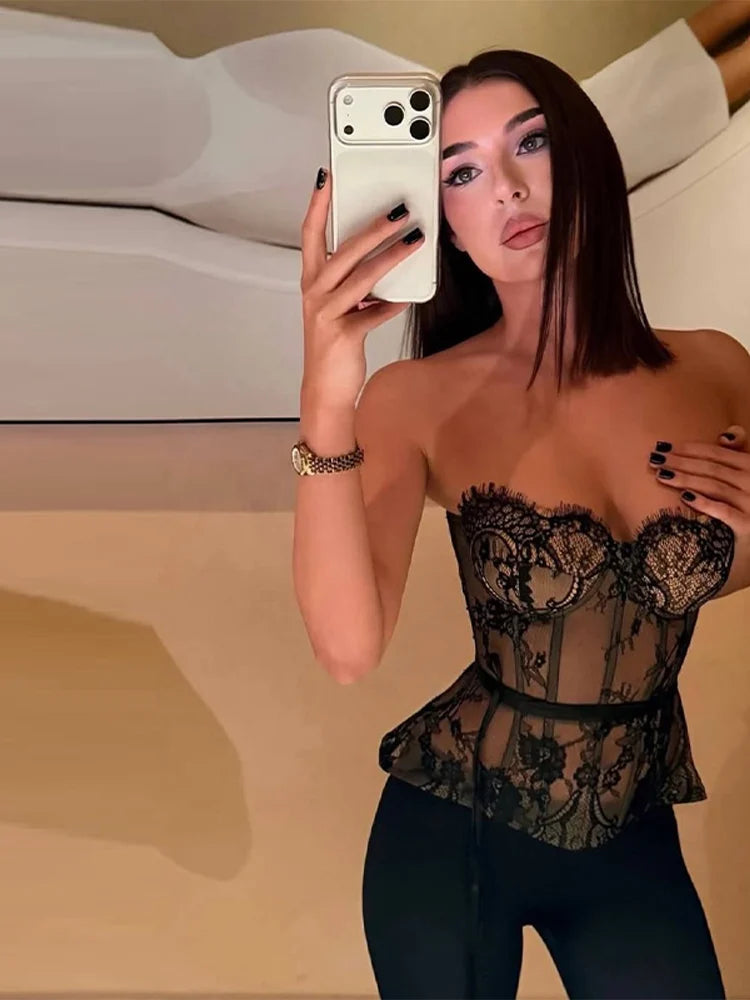 Transparent Lace Fishbone Lace Up Tube Tops Women Sexy Strapless Sleeveless Backless Hollow Out Sheath Top Spring Lady Clubwear