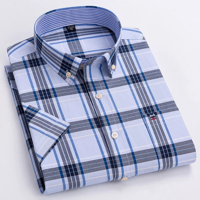 Men’s 100% Cotton Oxford Short‑Sleeve Shirt – Breathable Summer Plaid/Striped Business Casual (Regular/Oversized Fit)