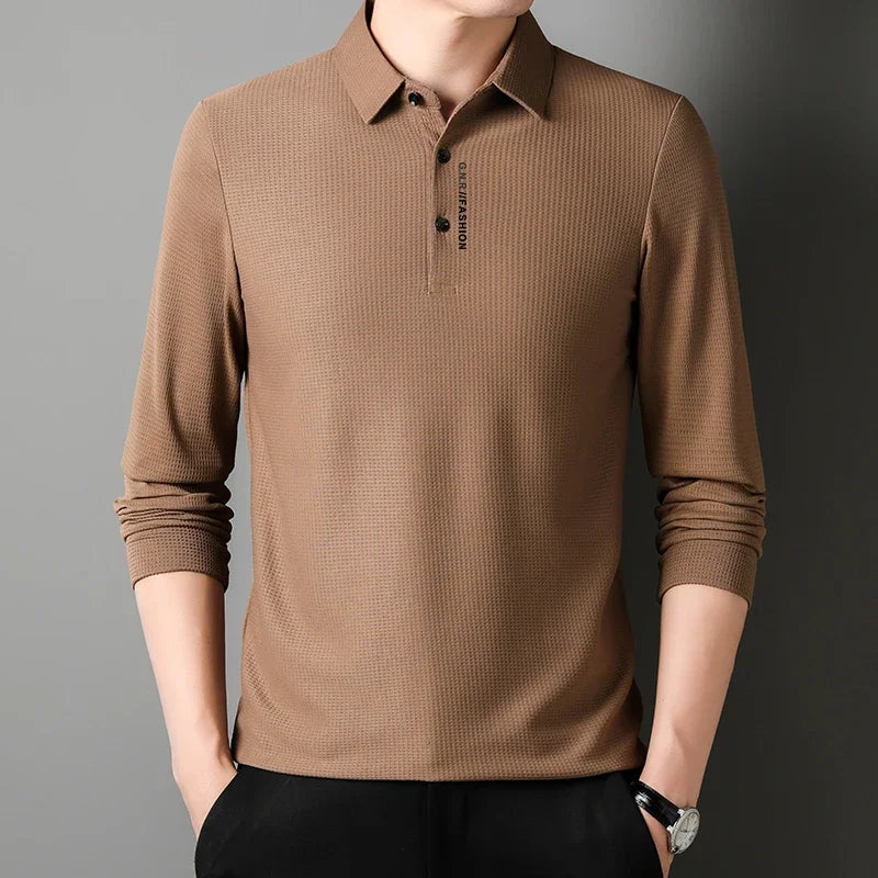 Waffle Knit Long‑Sleeve Polo Shirt