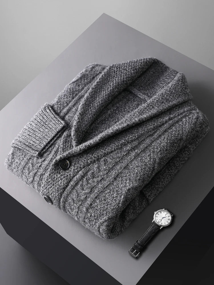 Autumn Winter Men 100% Merino Wool knitted Cashmere Sweater Thick Jacquard Coat Turn-Down Collar Cardigan Smart Casual Chic Tops