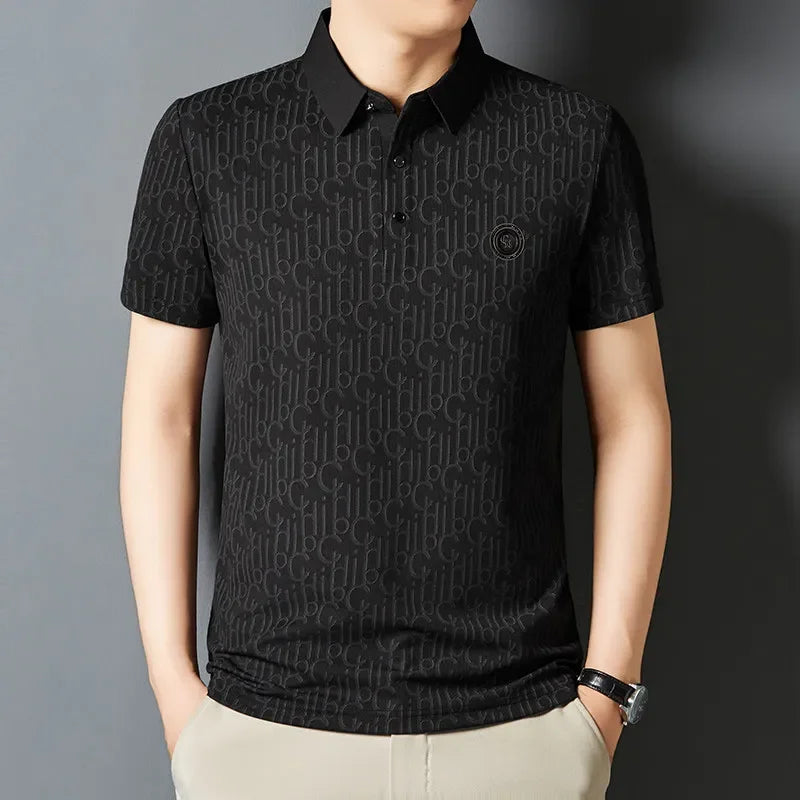 New Men's Business Casual Short Sleeved Shirt with Badge Solid Color Polo Shirt Fashionable Breathable Comfortable Versatile Top
